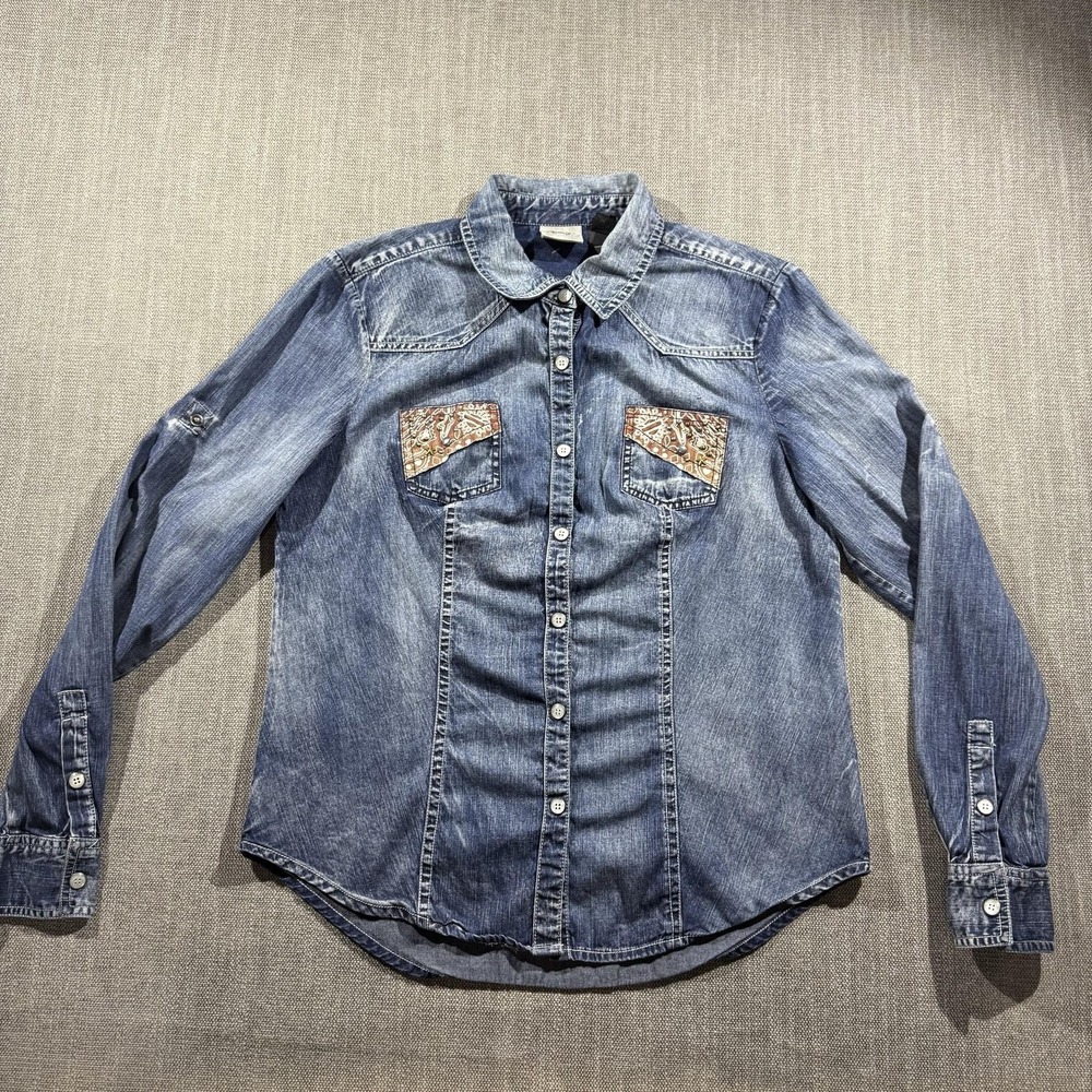Harley-Davidson Shirt Womens Medium Blue Denim Paisley Studded Western Button Up